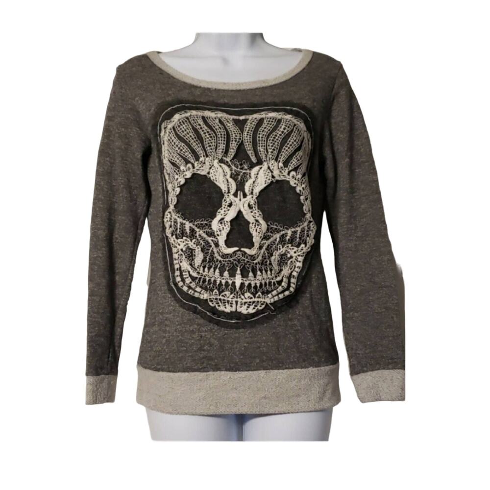 Wet Seal Grey Sugar Skull Lace Overlay Sweatshirt Size Small